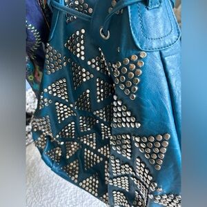 Miztique Turquoise Pebbled Leather Studded Hobo Bag